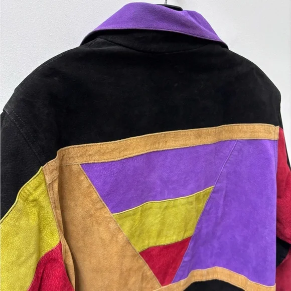 Vintage 1980s Roaman's Color-Block Long Suede Geometric Jacket